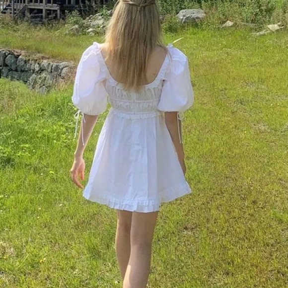 White Puff Sleeve Square Neck Dress with Lace and Ruffle Detail - Picture 16 of 16